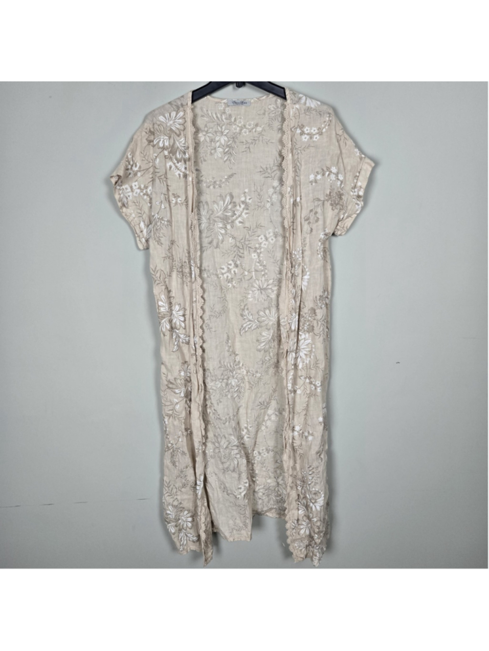Elena Baldi Womens Floral Linen Lace Open Front Kimono OS Beige Euro Lagenlook
